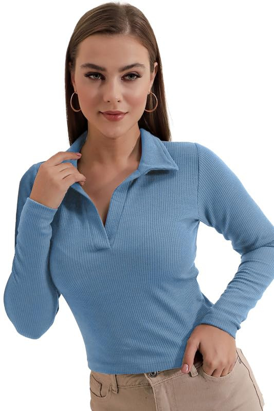 Women's Collared Long-Sleeve Tee Top - Image 9