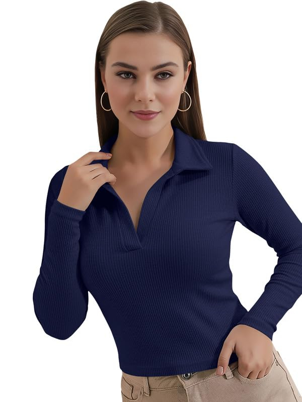 Women's Collared Long-Sleeve Tee Top - Image 17