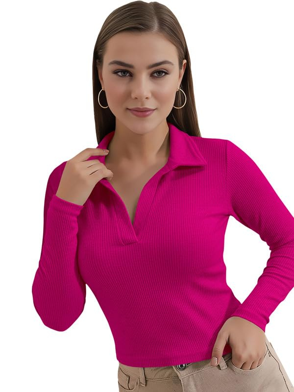 Women's Collared Long-Sleeve Tee Top - Image 25