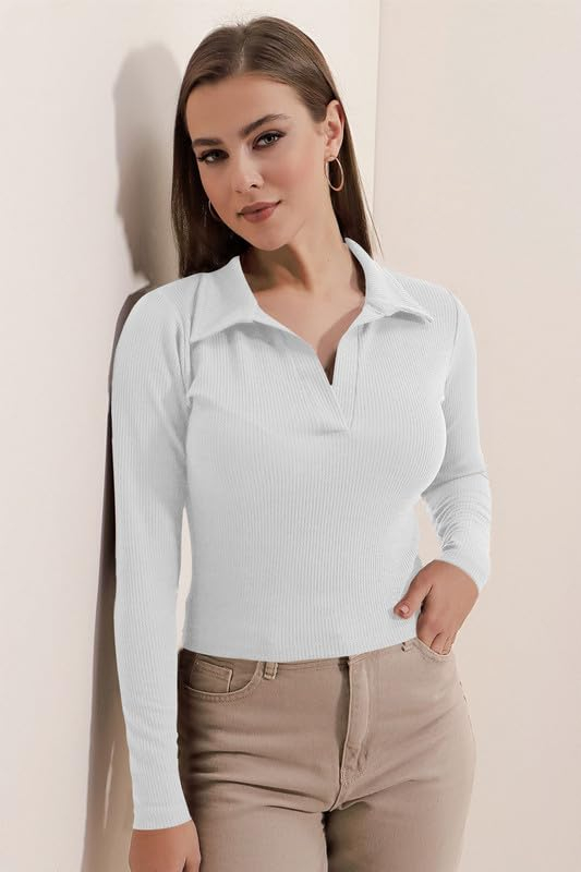 Women's Collared Long-Sleeve Tee Top - Image 30