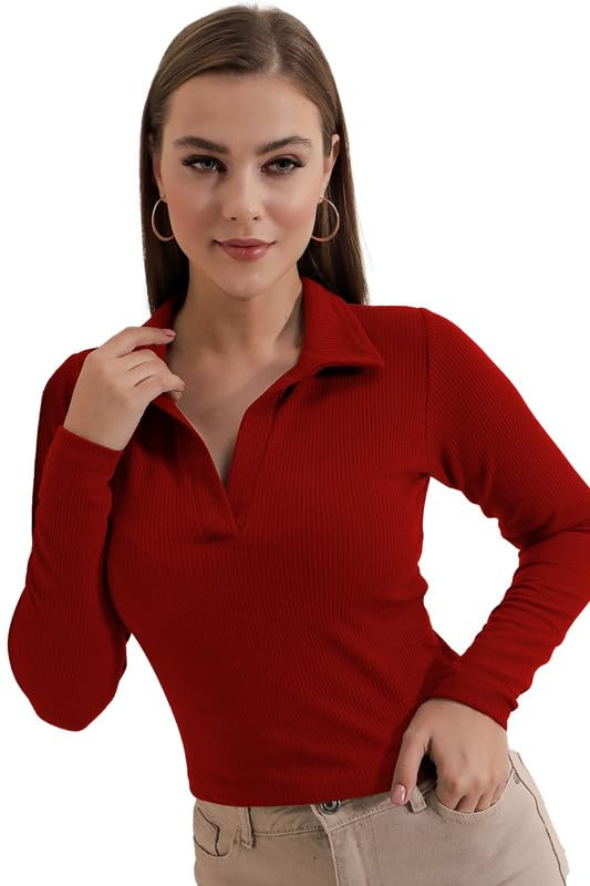 Women's Collared Long-Sleeve Tee Top - Image 37