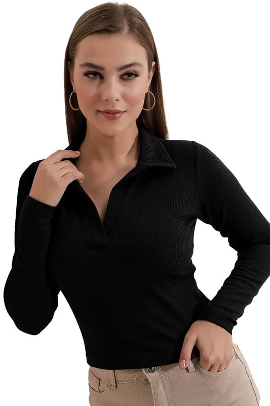 Women's Collared Long-Sleeve Tee Top - Image 45