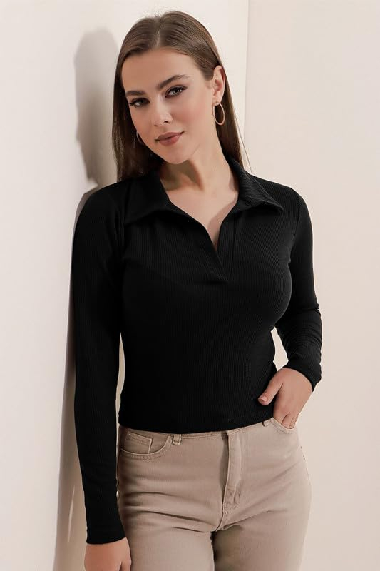 Women's Collared Long-Sleeve Tee Top - Image 46