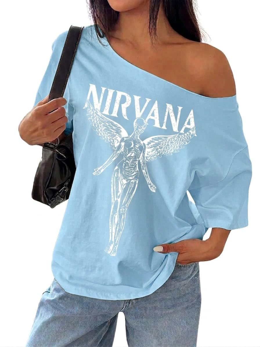 Women's Asymmetric-Neck Graphic T-Shirt - Image 6