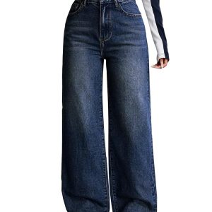 Women's Blue High-Rise Wide-Leg Stretch Jeans