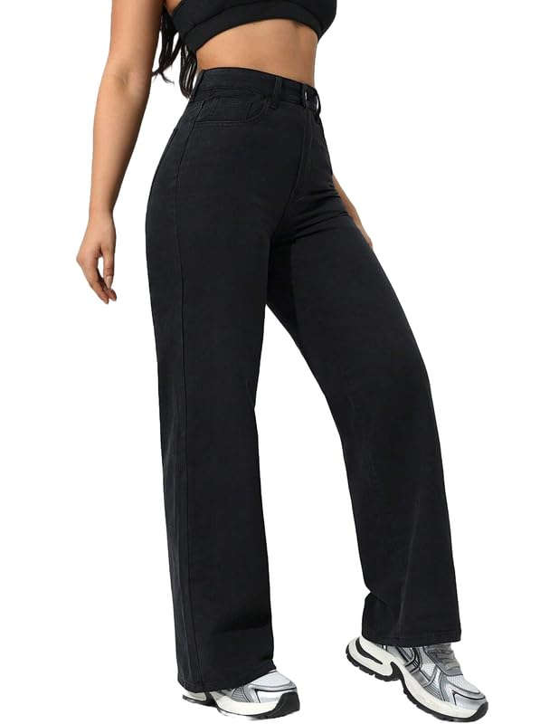 Women's Dark Black High-Rise Loose Wide-Leg Jeans