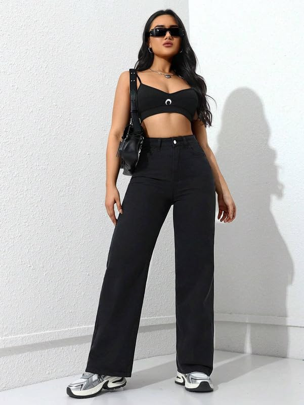 Women's Dark Black High-Rise Loose Wide-Leg Jeans - Image 4