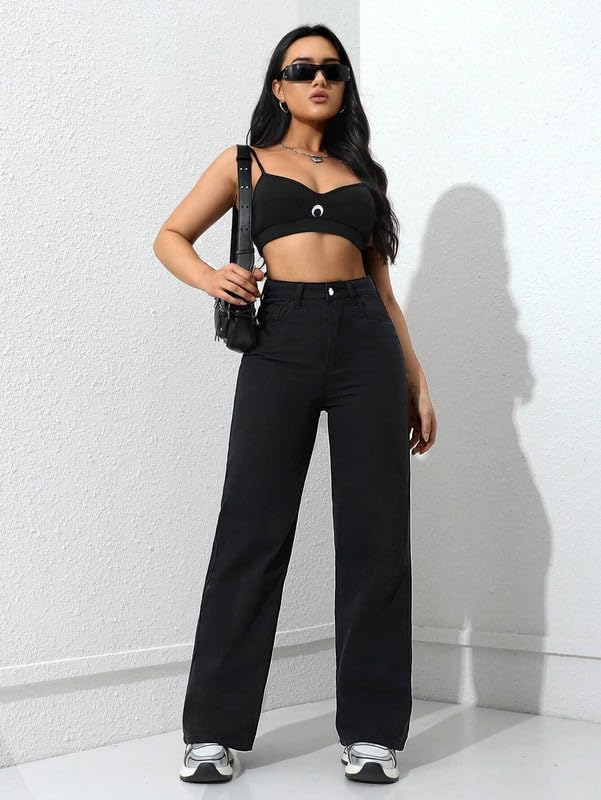 Women's Dark Black High-Rise Loose Wide-Leg Jeans - Image 5