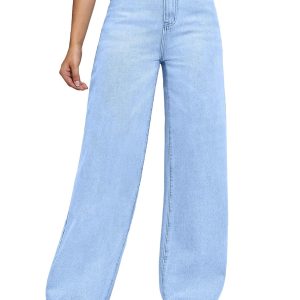 Women's Light Blue Mid-Rise Loose Straight-Leg Jeans