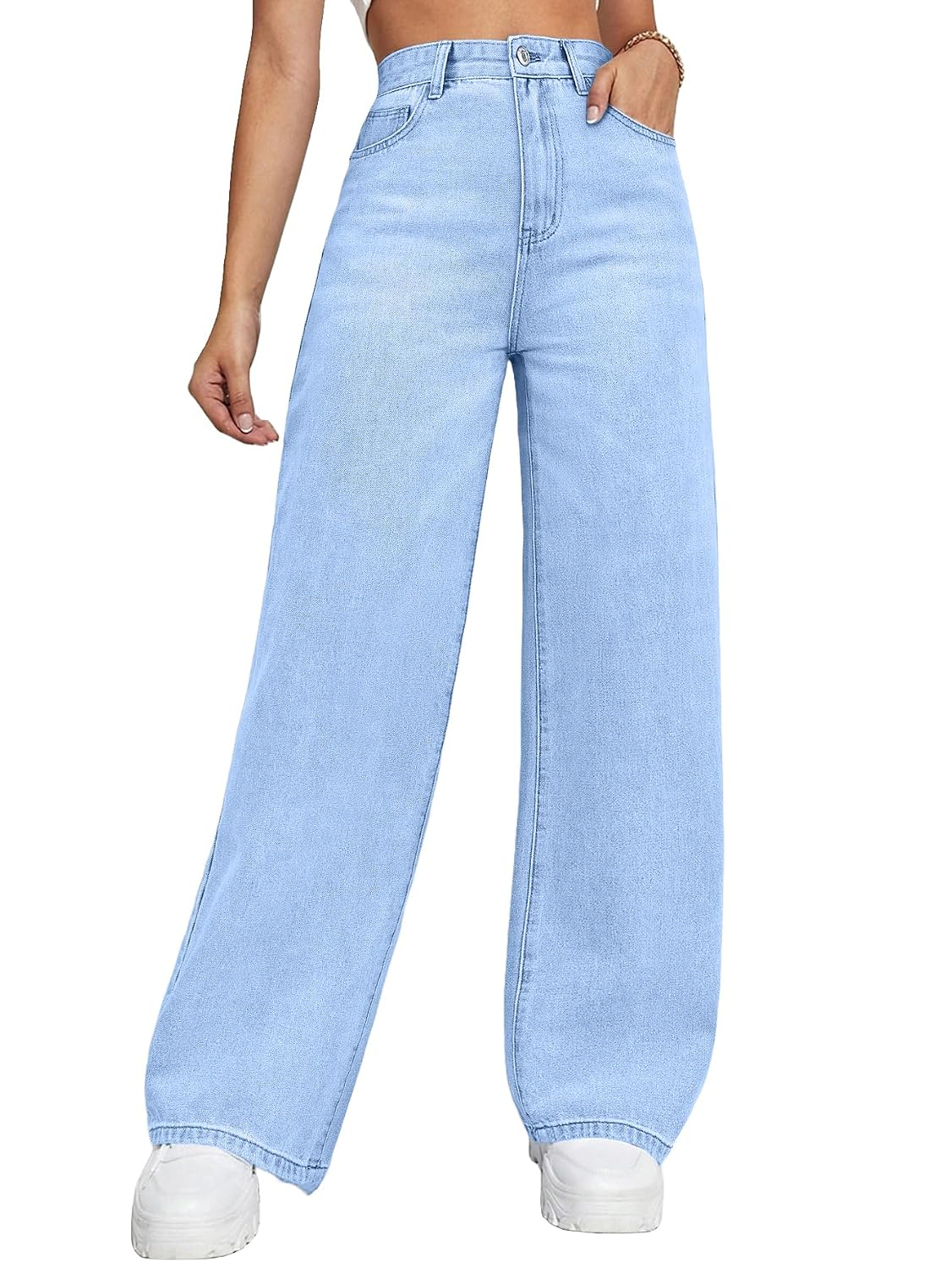 Women's Light Blue Mid-Rise Loose Straight-Leg Jeans