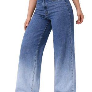 Women's Ombre Blue High-Rise Loose Wide-Leg Jeans